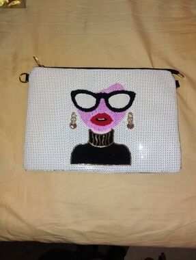Stylish White Sequin Portrait Clutch with Pink Accents